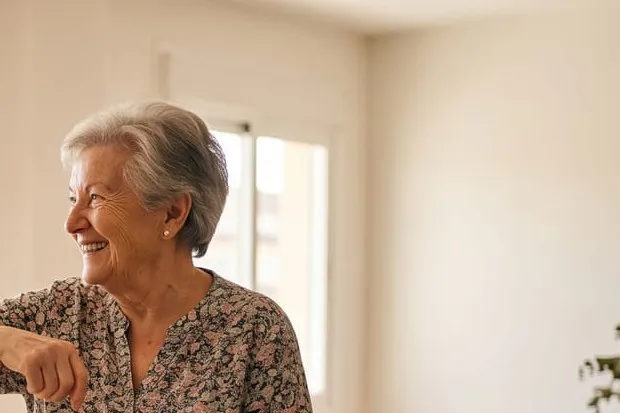 Mujer mayor sonriente y de pie en el salón de su casa tras la sesión